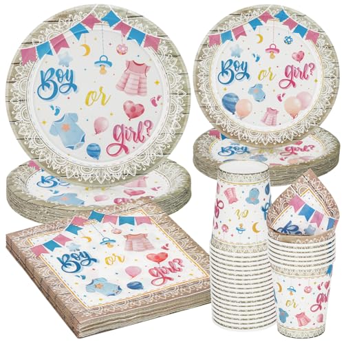 Baby Shower Party Geschirr Set für 24 Gäste, 96 Stück Blaue und rosa Baby Shower TellerBecherServiettenFür Baby Mädchen oder Baby Junge - 24 Gäste von PARTY GO