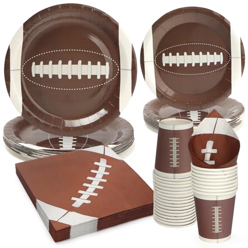 Braunes Rugby Partygeschirr Set 96 Stück Sport Themed Boys Party Supplies 24 Gast Pappteller, Tissue und Besteck Set Kindergeburtstag Partygeschirr Set von PARTY GO