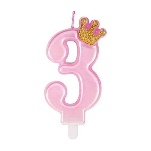 Niedliche rosa Geburtstagskerzen mit Krone, einzigartige Geburtstagskerzen Zahlen 3 für Frau Mädchen von PARTY GO