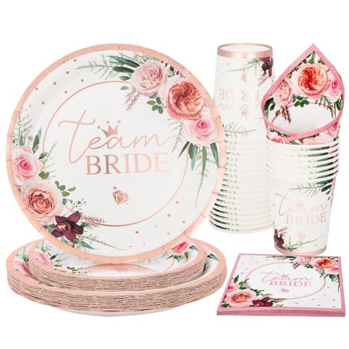 PARTY GO 100 Stück Team Bridal Shower Party Supplies Bachelorette Pappteller Servietten Tassen Einweggeschirr Set, Roségold Brautgeschenke Dekoration für Verlobung Hochzeit Bachelorette Party von PARTY GO