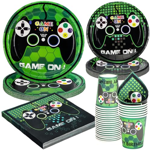 PARTY GO 96 Stück Game on Party Geschirr Set Gamepad Einwegpapier Teller Servietten Tassen für Gamepad Party Dekoration Teller Set servieren 24 Gäste von PARTY GO