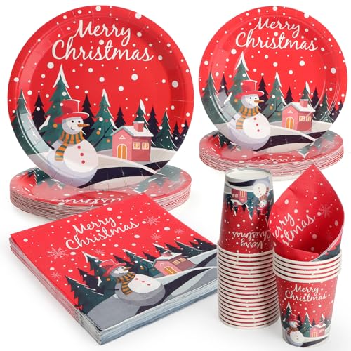 PARTY GO 96 Stück Pappteller Weihnachten, Partygeschirr Set Weihnachtsparty Pappteller Servietten Pappbecher Schneeflocken Schneemann Weihnachtsbäume Christmas Party Pappteller Rot 24 Gäste von PARTY GO