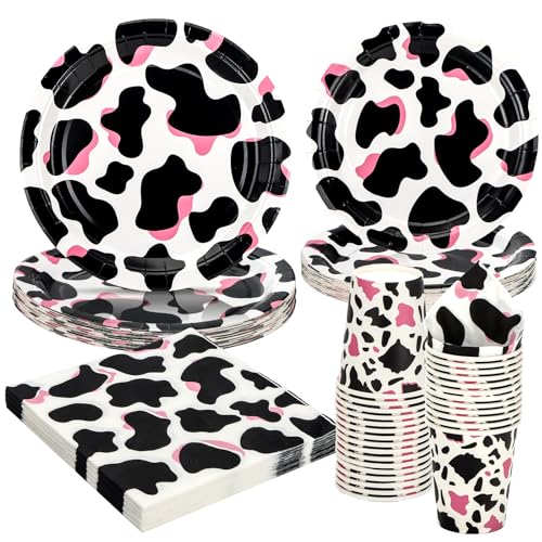 PARTY GO 96 Stück Rosa Kuh Partygeschirr Kuh Pappteller Servietten Tassen für Kuh Party Dekorationen Geburtstag Party Supplies Kuh Geschirr Dekor Platten Set Serve 24 Gäste von PARTY GO