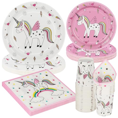 PARTY GO Einhorn Party Geschirr Set - Regenbogen Einhorn Party Zubehör für Mädchen Party Paket Inklusive Abendessen Dessertteller Tassen Servietten Geschirr Für 24 Gäste 96 PCS von PARTY GO