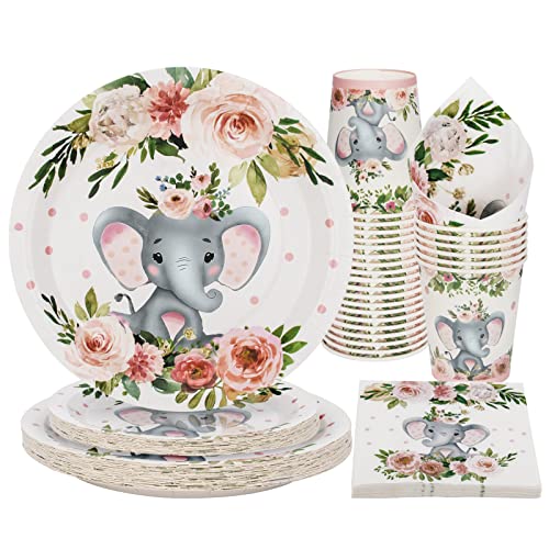 PARTY GO Elefant Babyparty Deko Mädche für 25 Gäste, Rosa Geburtstag Partygeschirr 100 Stüke, Einweg Papier Teller Becher Servietten Girls Baby Shower Dekorationen von PARTY GO