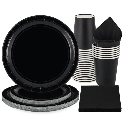 PARTY GO Party Geschirr 96 Stück Schwarz Kinder Geburtstag Mädchen Party Dekoration Zubehör Set Papier Geschirr Set von PARTY GO