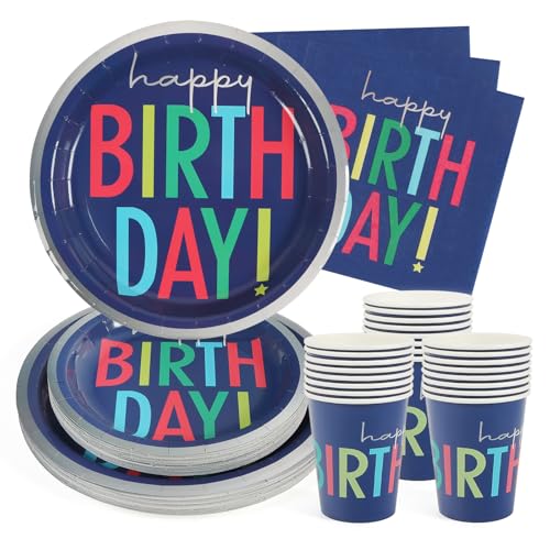 PARTY GO Partygeschirr 96 Stück Blau Kinder Geburtstag Partyteller Party Supplies Set enthält Pappteller Servietten Besteck für Geburtstagsparty Dekorationen Baby-Dusche-24 Gäste von PARTY GO