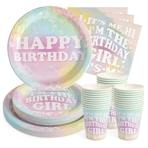 PARTY GO Partygeschirr 96 Stück Rosa Kinder Geburtstag Party Teller Party Supplies Set enthält Pappteller Servietten Besteck für Geburtstagsfeier Dekorationen Baby-Dusche-24 Gäste von PARTY GO