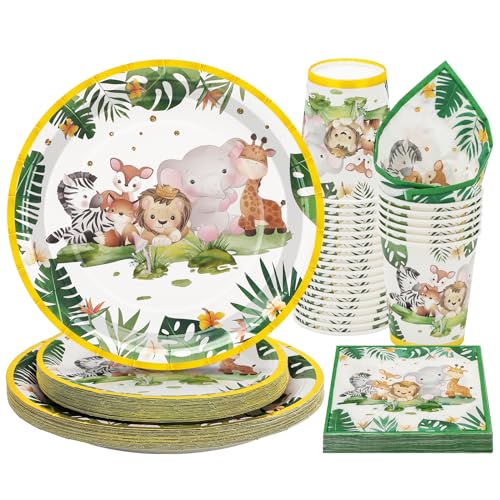 Party Go 96 Stück Dschungel Tier Party Geschirr Set Safari Tier Einwegpapier Platten Servietten Tassen für Dschungel Party Supplies Dschungel Geschirr Platten Set servieren 24 Gäste von PARTY GO