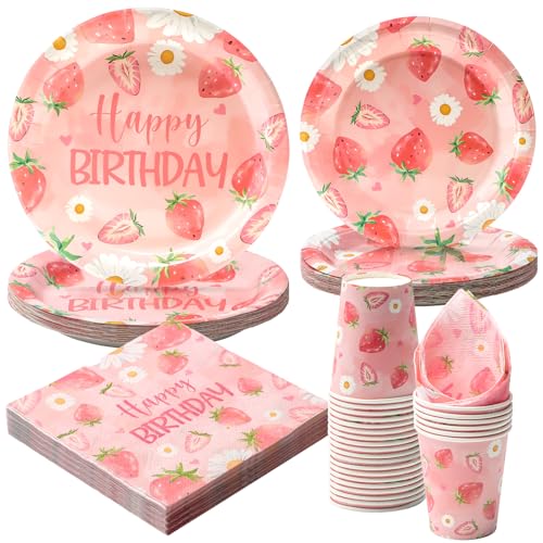 Party Go 96 Stück Erdbeere Party Geschirr Set Erdbeere Einwegpapier Teller Servietten Tassen für Erdbeere Party Dekoration Teller Set servieren 24 Gäste von PARTY GO