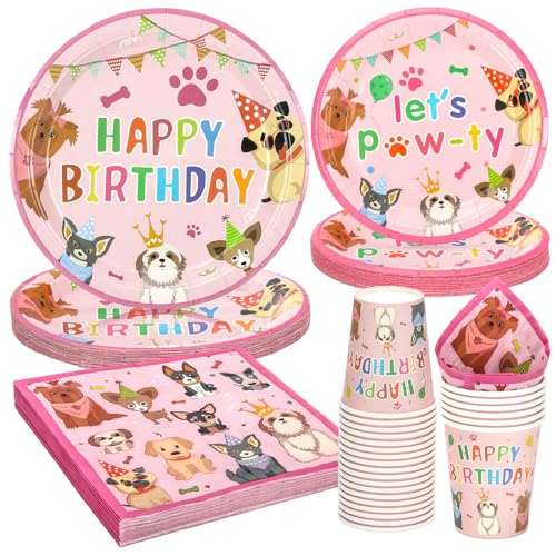 Party Go 96 Stück Hund Geburtstag Party Geschirr Set Hund Einwegpapier Teller Servietten Tassen für Hund Party Dekoration Teller Set servieren 24 Gäste von PARTY GO