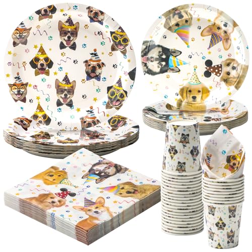 Party Go 96 Stück Hunde & Haustiere Party Geschirr Set Hunde Einwegpapier Teller Servietten Tassen für Haustiere Party Dekoration Teller Set servieren 24 Gäste von PARTY GO