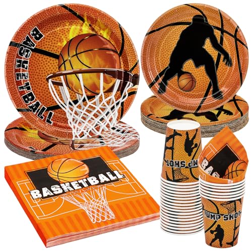 Party Go 96 Stück NBA Basketball Party Geschirr Basketball Party Zubehör mit Papptellern Tassen und Servietten für NBA Sport Themed Geburtstag Baby Dusche Party Dekorationen von PARTY GO