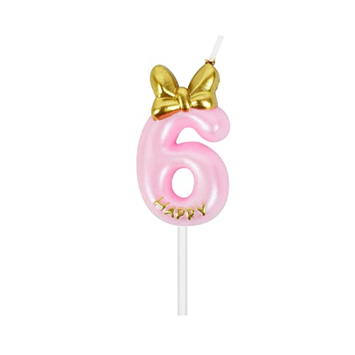 Rosa Mädchen Geburtstagskerzen mit Goldenem Krawatte, Kuchen-Dekoration für Geburtstagsfeier, nummer 6 von PARTY GO