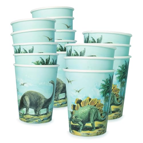 PARTY PARTY 16 Dino Party Becher Dinosaurier: Brontosaurus, Stegosaurus, Dinosaurier Pappbecher Kindergeburtstag Dino Geburtstag Deko Jungen, 220 ml von PARTY PARTY