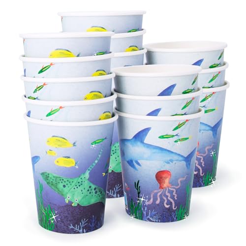 PARTY PARTY 16 schillernde Unterwasser Partybecher, glitzernde Fische, Pappbecher Ozean Kindergeburtstag, Geburtstag für Heiß- und Kaltgetränke, 220 ml von PARTY PARTY