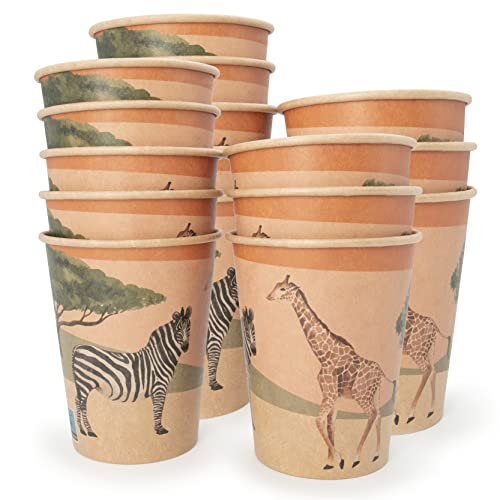 PARTY PARTY 16 Safari Partybecher 220 ml umweltfreundliches Kraftpapier, Dschungel Party Erwachsene, Zoo Pappbecher, Kindergeburtstag Junge Mädchen, Geburtstag für Heiß- und Kaltgetränke von PARTY PARTY