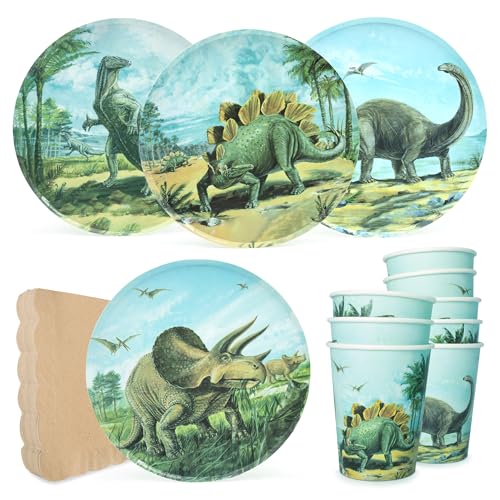 PARTY PARTY 32 Teile Dino PARTYGESCHIRR SET 8 Gäste Partyteller Dinosaurier Pappbecher, Servietten mit Brontosaurus, Stegosaurus, Triceratops, Allosaurus, Geburtstag Dinosaurier Deko Jungen von PARTY PARTY