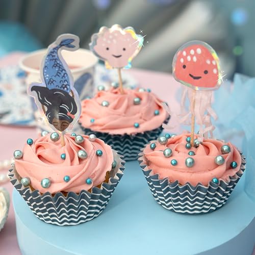 PARTY PARTY 48 Teile Set glitzernde Meerjungfrau CUPCAKE TOPPER + MUFFINFÖRMCHEN Papier, schimmernde Muscheln, Kindergeburtstag Meerjungfrau Muffins Geburtstag Deko von PARTY PARTY