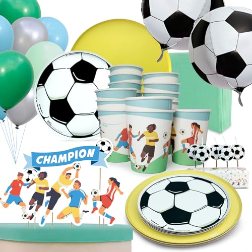 PARTY PARTY 97 Teile Fußball Geburtstag Set Gelb 16 Gäste, EM PARTYGESCHIRR + CAKETOPPER + KERZEN+ BALLONS, Fußballparty Geburtstag Fußball Deko Jungen Mädchen von PARTY PARTY