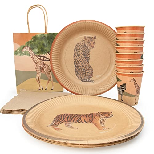 PARTY PARTY Safari Party Set 8 Gäste umweltfreundliches Kraftpapier, GESCHENKTÜTEN + PARTYGESCHIRR Partybecher, Pappteller, Servietten, Party Deko Dschungel Kindergeburtstag Junge Mädchen von PARTY PARTY