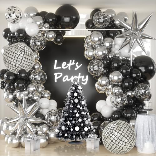 KARLURE Schwarz Silber Weiß Luftballons Girlande Bogen Set mit Discokugel Luftballons für Halloween Weihnachten Silvesterparty Disco Party Geburtstag Hochzeit Baby Shower Abschlussfeier Party Deko von KARLURE