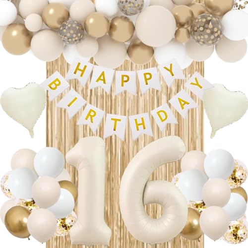 Süße 16 Geburtstag Dekorationen für Mädchen, Happy 16 Birthday Dekorationen Sand Weiß Gold Luftballons Geburtstag Banner Nummer 16 Luftballons Fransen Vorhang Herz Luftballons für Jungen 16 Geburtstag von PASOCON