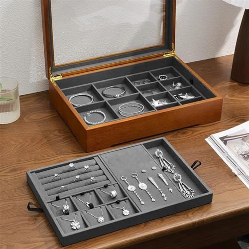 Schmuckaufbewahrung Doppelschichtige Schmuck Aufbewahrungsbox Mit Halskette Haken Ohrringen Armband Aufbewahrungskoffer Massivholz Organizer Schmuckschatulle Jewelry Box Parfum Organizer(Dark Gray) von PASPRT