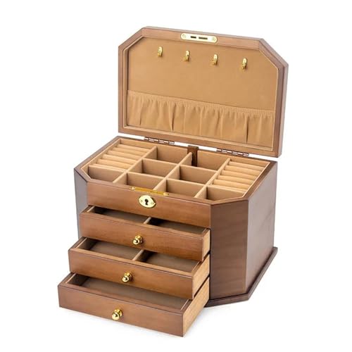 Schmuckaufbewahrung Massivholz Schmuck Aufbewahrungsbox Mit Schloss Ohrringe Halskette Schmuckschatulle Großes Fassungsvermögen Einfaches Vintage Holz Jewelry Box Parfum Organizer(28x19x18.5cm) von PASPRT