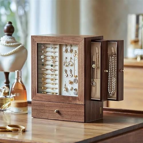 Schmuckaufbewahrung Schmuck Mehrschichtige Schmuckschatulle Massivholz Walnuss Schmuck Aufbewahrungsbox Ebene Zarte Ohrringe Ohrstecker Halskette（24 * 14 * 32cm） Jewelry Box Parfum Organizer von PASPRT