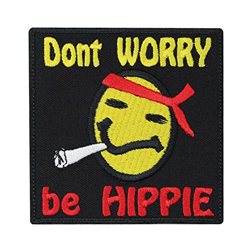 Lustiger Smiley Aufnäher Don't Worry, be Hippie Hippie Patch mit Stickerei - Woodstock Bügelbild - '60s '70s Party Deko - Joint Applikation für Rucksack/Jacke/Tasche - 80x75mm von Patch