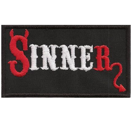 Teufel Aufnäher mit Spruch - Sinner - Biker Patch zum annähen/aufbügeln | Motorrad Aufkleber Sticker für alle Stoffe & Leder | Bügelflicken Applikation | 90x50mm von PATCH KING