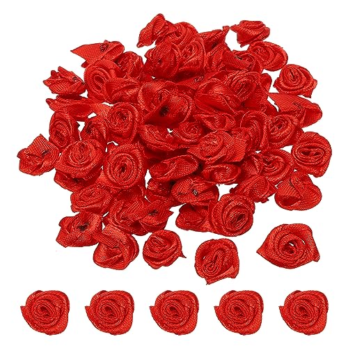 PATIKIL 0.6" 50Stk Mini Satin Farbband Rosen Winzige Stoff Blumen Verzierungen Rosetten Applikation für Heimwerken und Hochzeit Rot von PATIKIL