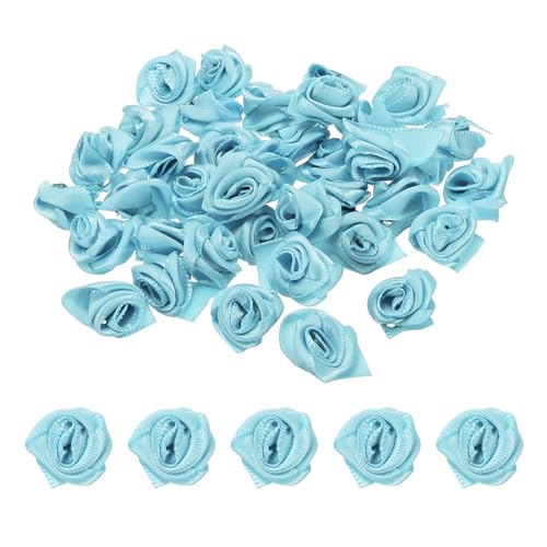 PATIKIL 0.6" 70Stk Mini Satin Farbband Rosen Winzige Stoff Blumen Verzierungen Rosetten Applikation für Heimwerken und Hochzeit Hell Blau von PATIKIL