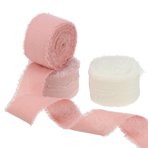 PATIKIL 1 Zoll x 21 Yard Baumwollhandgefertigtes Fransenband, 3 Rollen ausgefranste Fransenbänder Baumwollstoffband für Blumenstrauß Hochzeitseinladung, Beige/Rosa/Staubrosa von PATIKIL