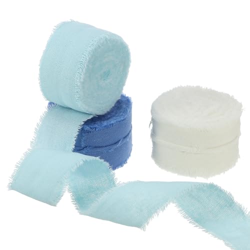 PATIKIL 1 Zoll x 21 Yard Baumwollhandgefertigtes Fransenband, 3 Rollen ausgefranste Fransenbänder Baumwollstoffband für Blumenstrauß Hochzeitseinladung, Haze Blau/Hellblau/Beige von PATIKIL