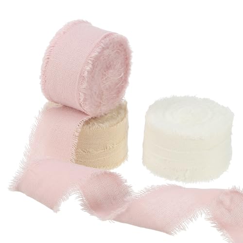 PATIKIL 1 Zoll x 21 Yard Baumwollhandgefertigtes Fransenband, 3 Rollen ausgefranste Fransenbänder Baumwollstoffband für Blumenstrauß Hochzeitseinladung, Pink/Beige/Nude von PATIKIL