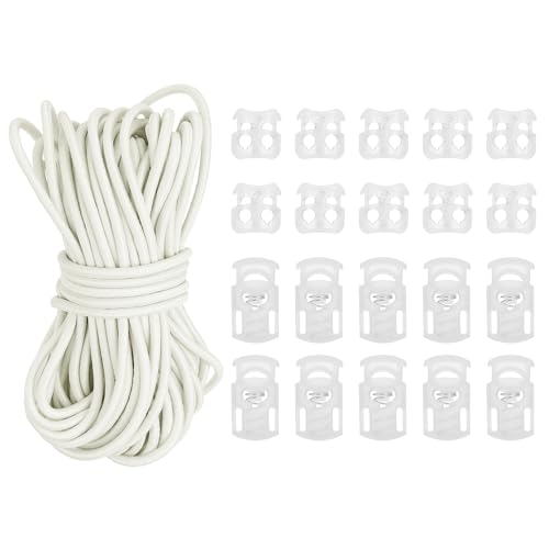 PATIKIL 15 Meter Gummiband mit 10 Stück Kordelstopper Einzelloch & 10 Stück Kordelklemme 2 Loch, Elastische Gummischnur 3mm Elastische Gummiseil für Kordelzug Rucksack, Beige von PATIKIL