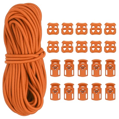 PATIKIL 15 Meter Gummiband mit 10 Stück Kordelstopper Einzelloch & 10 Stück Kordelklemme 2 Loch, Elastische Gummischnur 3mm Elastische Gummiseil für Kordelzug Rucksack, Orange von PATIKIL