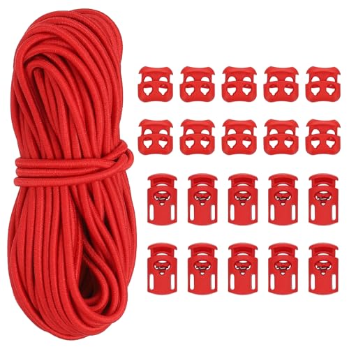 PATIKIL 15 Meter Gummiband mit 10 Stück Kordelstopper Einzelloch & 10 Stück Kordelklemme 2 Loch, Elastische Gummischnur 3mm Elastische Gummiseil für Kordelzug Rucksack, Rot von PATIKIL