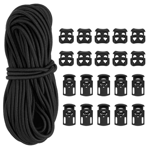 PATIKIL 16 Yard Elastic Bungee Cord & Single Hole Cord Lock & Double Hole Spring Toggle Stopper für Paracord Zugband Schnürsenkel Kleidung Rucksack Taschen, Schwarz 21er Pack von PATIKIL