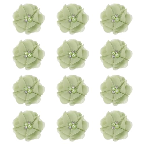 PATIKIL 2 Zoll Chiffon Blumen, 12 Stück Strass Perlen Nähen Stoffblumen Künstliche Applikationen Verzierungen für Kleidung Hochzeit DIY Handwerk Stirnbänder Dekor, Grün von PATIKIL