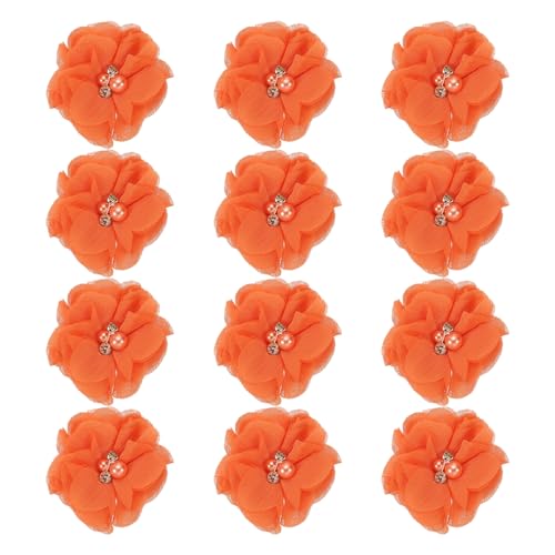 PATIKIL 2 Zoll Chiffon Blumen, 12 Stück Strass Perlen Nähen Stoffblumen Künstliche Applikationen Verzierungen für Kleidung Hochzeit DIY Handwerk Stirnbänder Dekor, Orange von PATIKIL