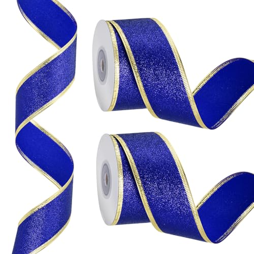 PATIKIL 20 Yards x 1.5" Weihnachtsband, Metallisches Drahtband Glänzendes Geschenkverpackungsband für Handwerk Geburtstag Hochzeit Festival Dekoration, Blau Gold von PATIKIL