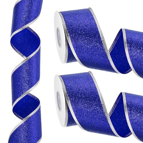 PATIKIL 20 Yards x 2" Weihnachtsband, Metallisches Drahtband Glänzendes Geschenkverpackungsband für Bastelarbeiten Geburtstag Hochzeit Festival Dekoration, Blau Silber von PATIKIL