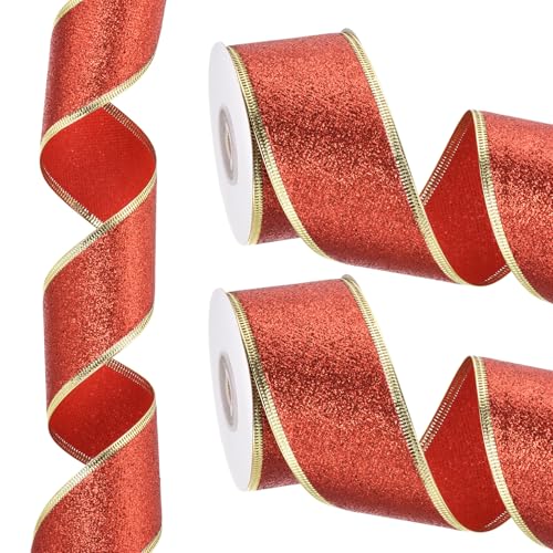 PATIKIL 20 Yards x 2" Weihnachtsband, Metallisches Drahtband Glänzendes Geschenkverpackungsband für Bastelarbeiten Geburtstag Hochzeit Festival Dekoration, Rot Gold von PATIKIL