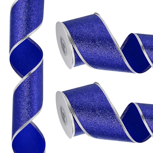 PATIKIL 20 Yards x 2.5" Weihnachtsband, Metallisches Drahtband Glänzendes Geschenkverpackungsband für Bastelarbeiten Geburtstag Hochzeit Festival Dekoration, Blau Silber von PATIKIL