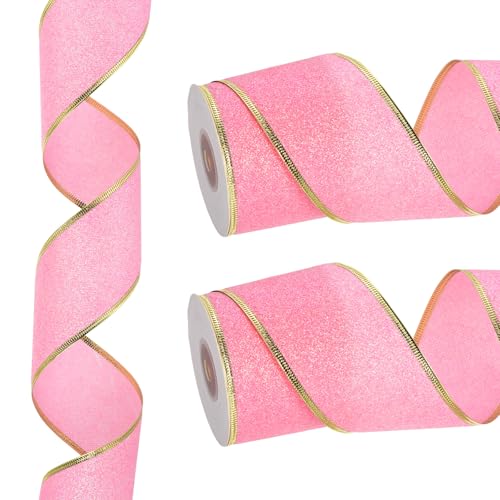 PATIKIL 20 Yards x 2.5" Weihnachtsband, Metallisches Drahtband Glänzendes Geschenkverpackungsband für Bastelarbeiten Geburtstag Hochzeit Festival Dekoration, Pink Gold von PATIKIL