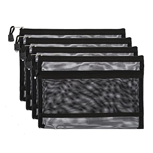 PATIKIL 4Pack Netz Kosmetiktaschen A5 Größe Bleistift Reisekoffer Nylon Kosmetik Beutel Doppel Reißverschluss Akten Tasche für Büro Schwarz von PATIKIL