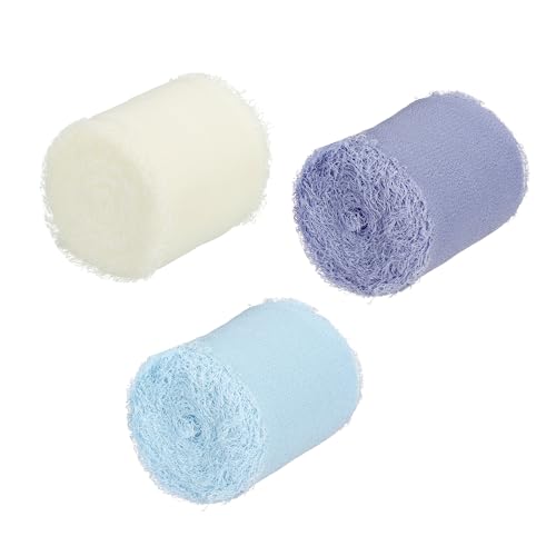 PATIKIL 4cm x 5m Chiffonband Geschenkband, 3 Rollen Fransen Chiffon Schleifenband Hochzeit für Geburtstag Geschenk Blumensträuße Dekoration Blau/Creme Weiß/Himmel Blau von PATIKIL